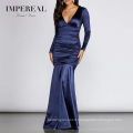 Satin Ruched Formal Women Long Dinner Gown Evening Dresses Long Sleeved